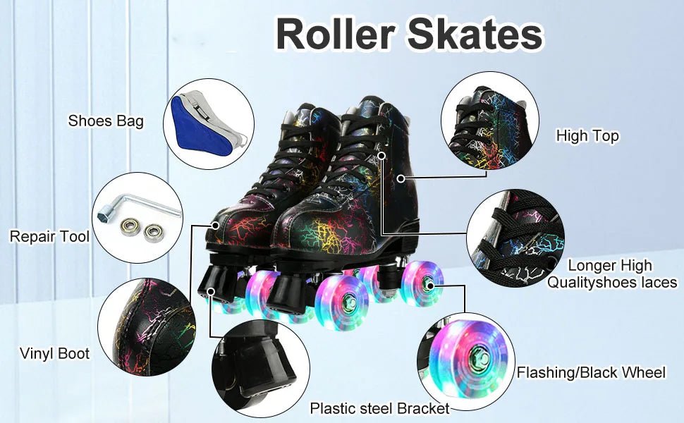 Unisex PU leather zebra print roller skates with flash quad wheels